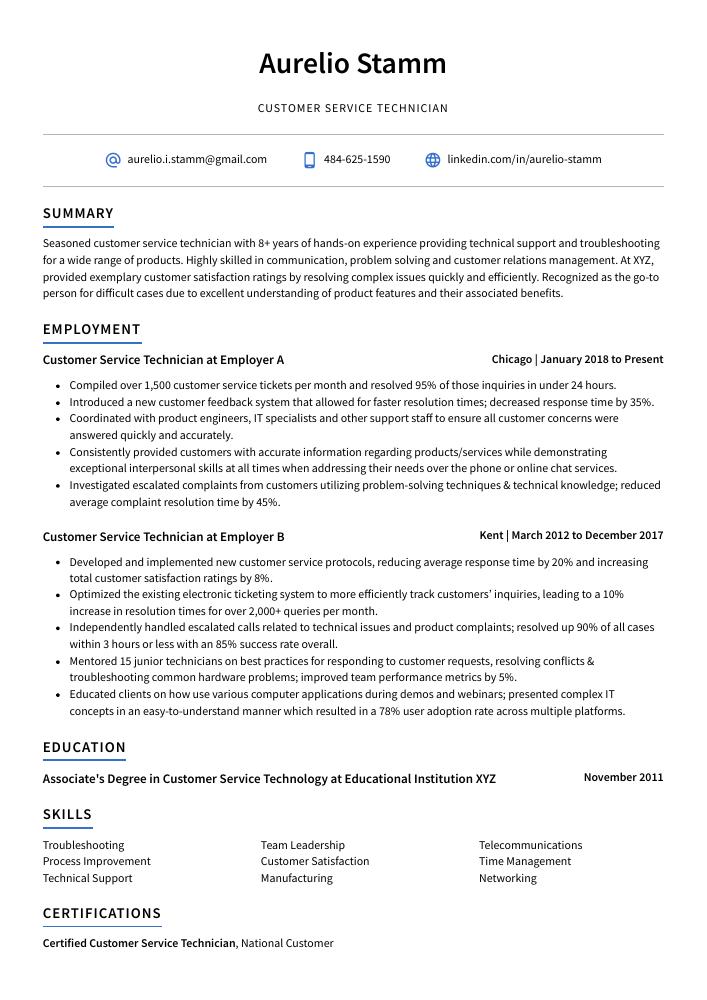 Customer Service Technician Resume