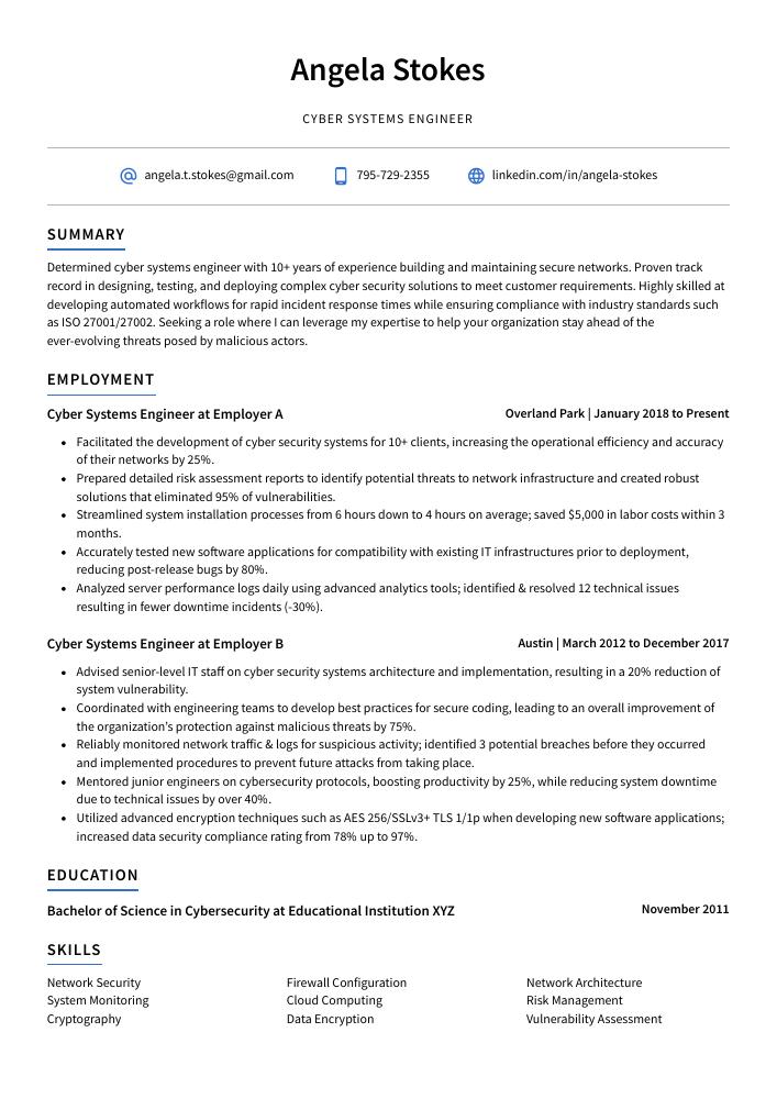 Cyber Systems Engineer Resume