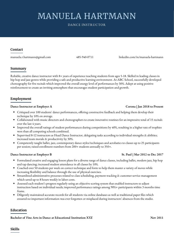 Dance Instructor Resume (CV) Example and Writing Guide