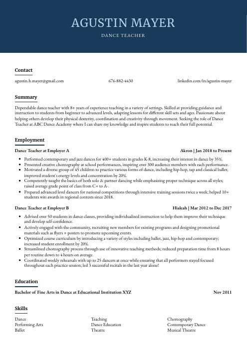 Dance Teacher Resume (CV) Example and Writing Guide