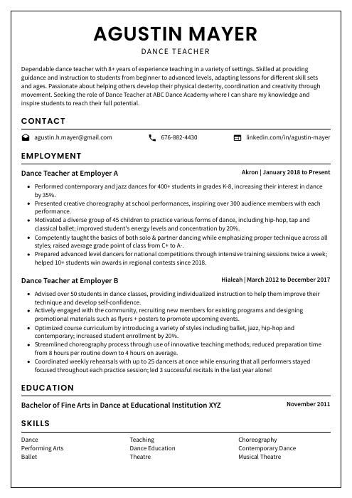 Dance Teacher Resume (CV) Example and Writing Guide