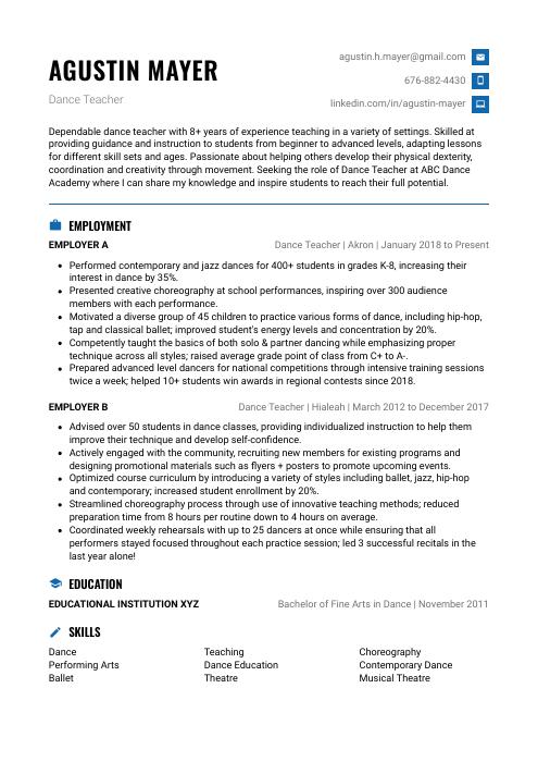 Dance Teacher Resume (CV) Example and Writing Guide