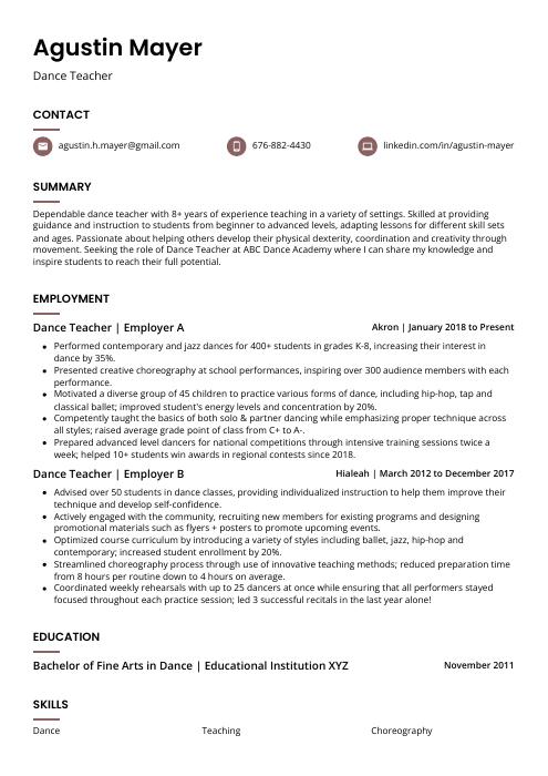 Dance Teacher Resume (CV) Example and Writing Guide