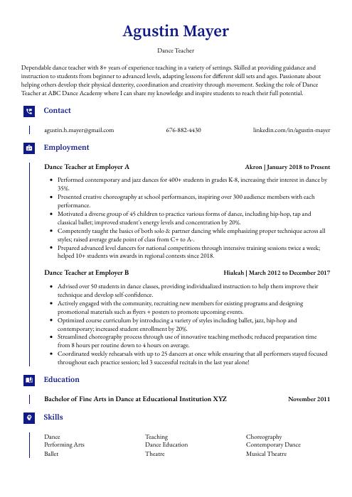 Dance Teacher Resume (CV) Example and Writing Guide