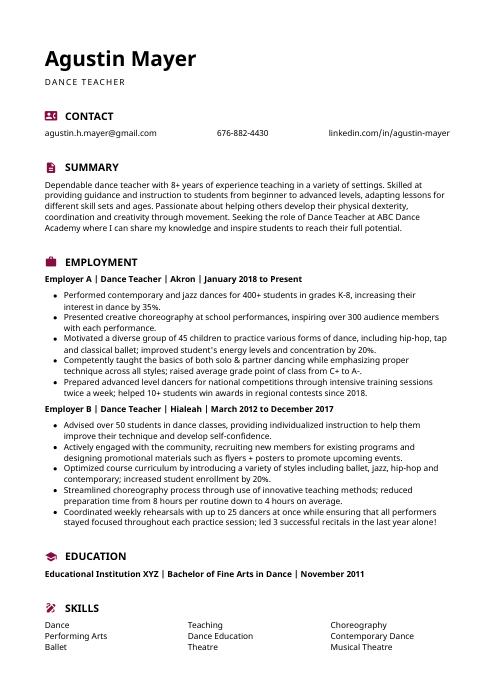 Dance Teacher Resume (CV) Example and Writing Guide