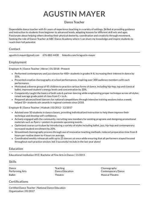 Dance Teacher Resume (CV) Example and Writing Guide