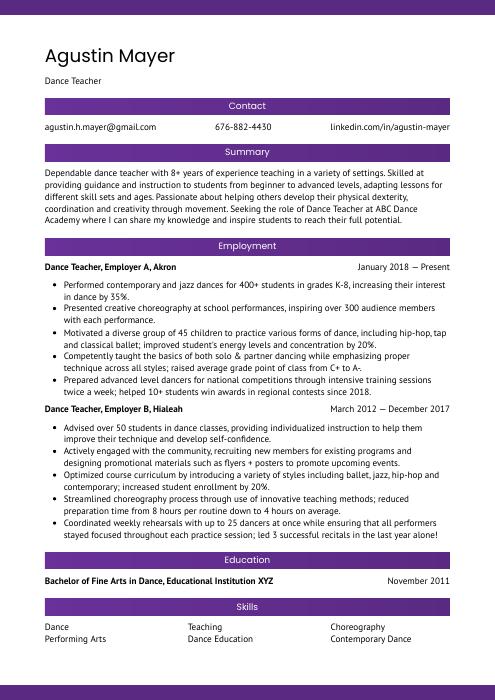 Dance Teacher Resume (CV) Example and Writing Guide