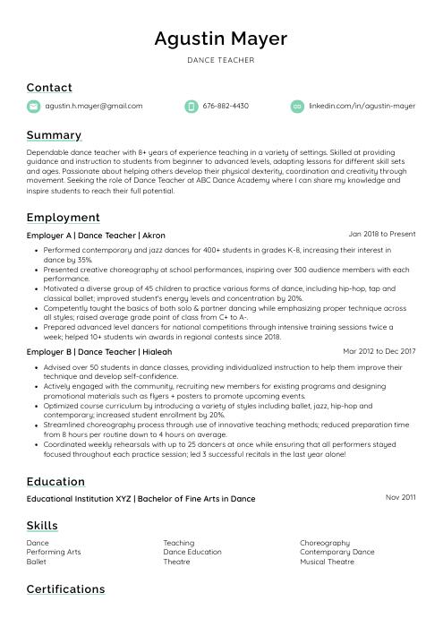 Dance Teacher Resume (CV) Example and Writing Guide