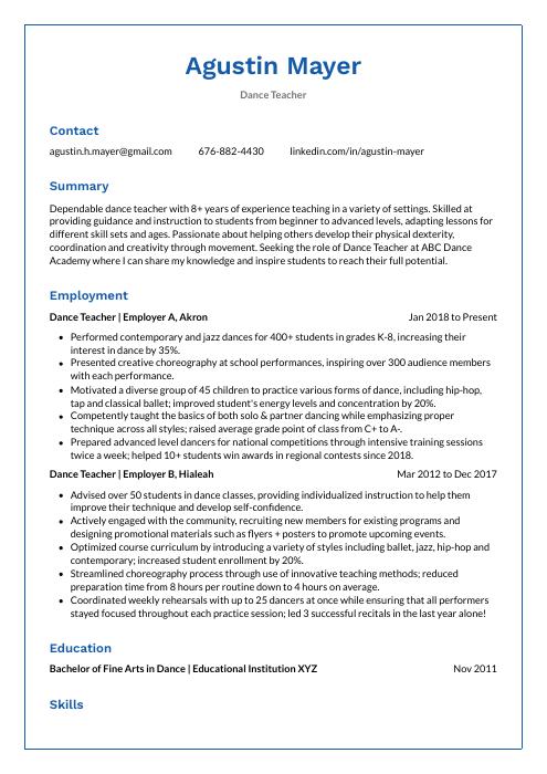 Dance Teacher Resume (CV) Example and Writing Guide