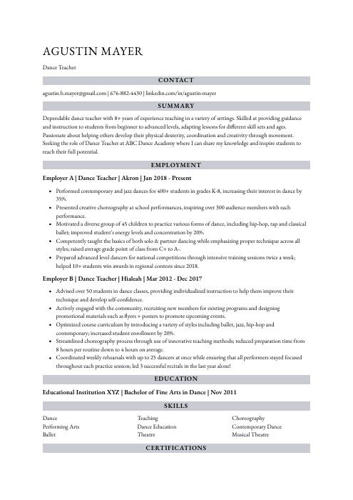 Dance Teacher Resume (CV) Example and Writing Guide