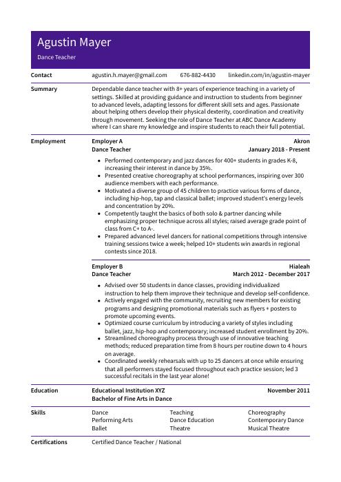 Dance Teacher Resume (CV) Example and Writing Guide