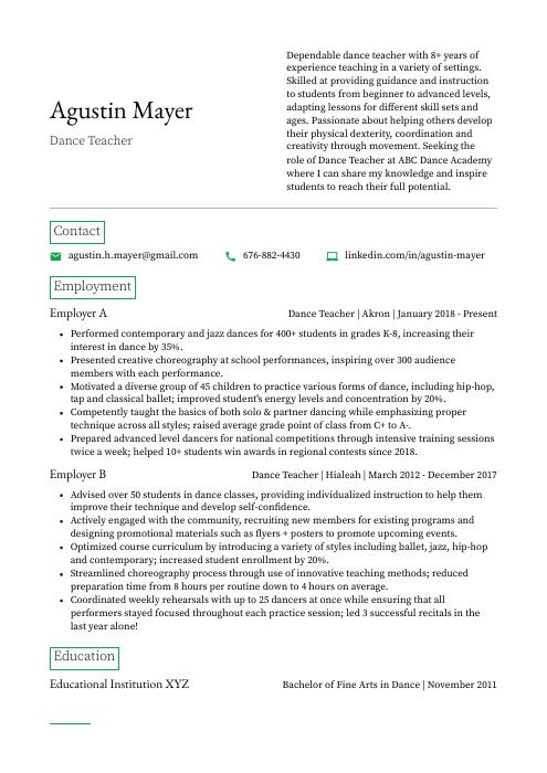 Dance Teacher Resume (CV) Example and Writing Guide