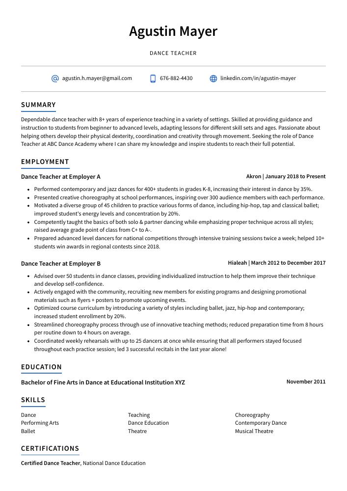 Dance Teacher Resume