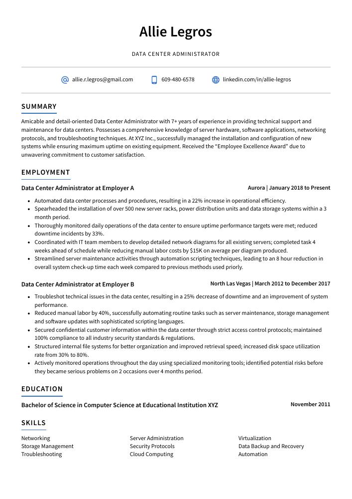 Data Center Administrator Resume