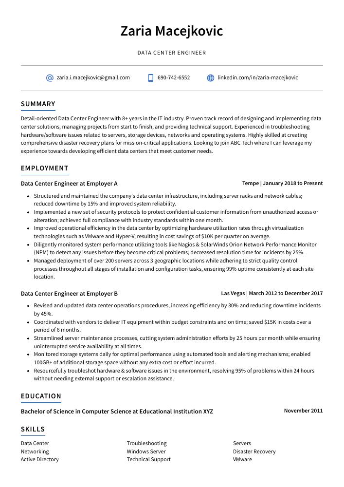 Data Center Engineer Resume