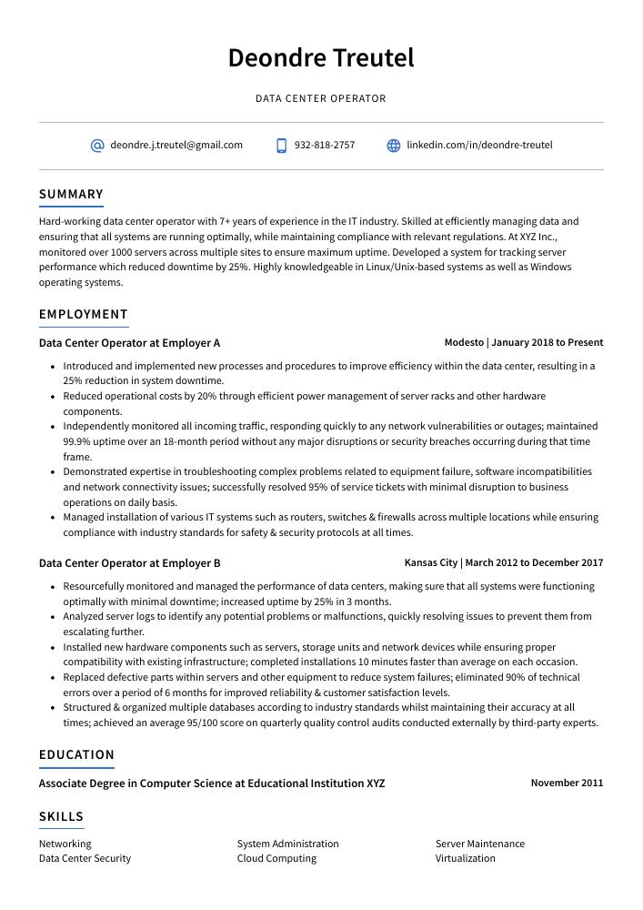 Data Center Operator Resume