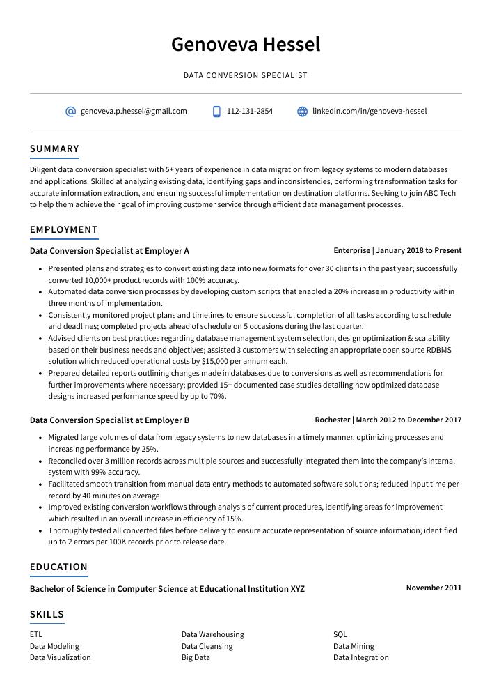 Data Conversion Specialist Resume