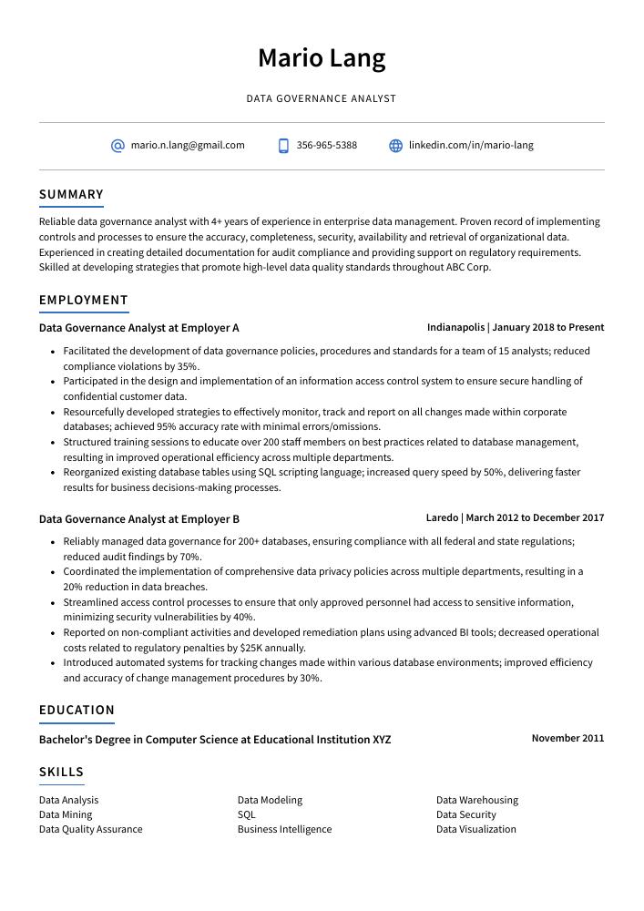 Data Governance Analyst Resume