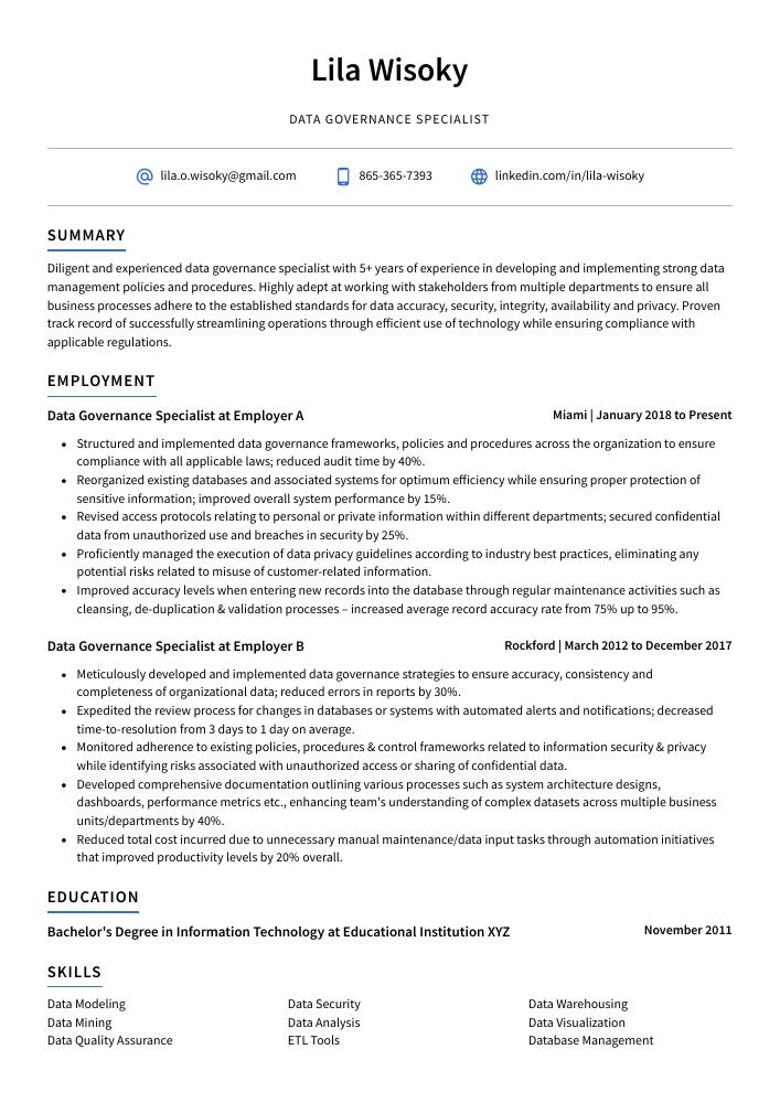 Data Governance Specialist Resume CV Example And Writing Guide