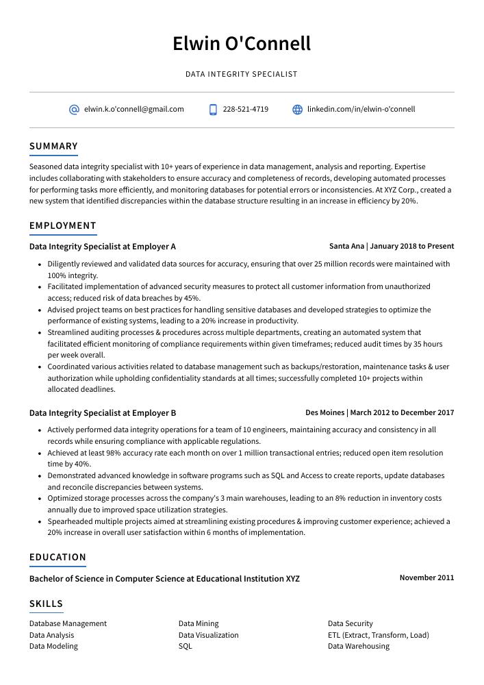 Data Integrity Specialist Resume