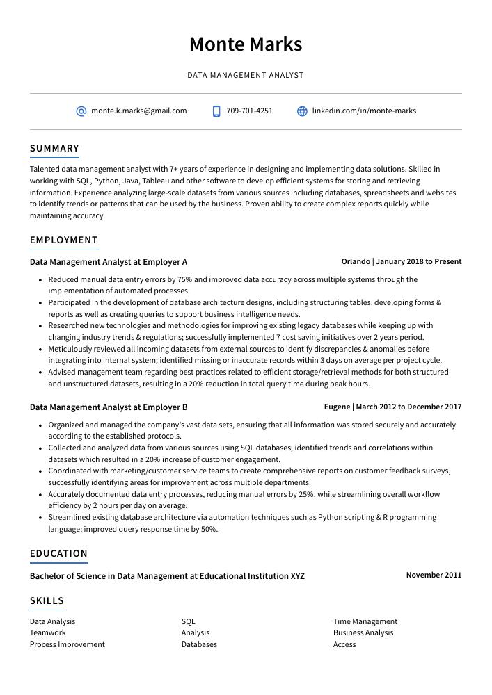 Data Management Analyst Resume