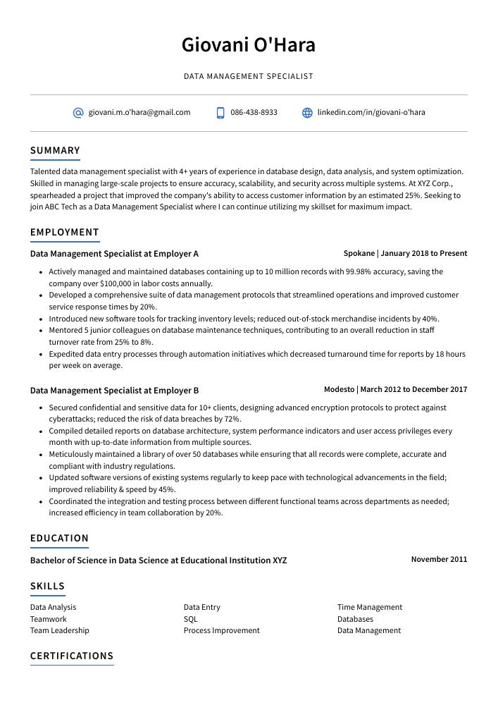 Data Management Specialist Resume