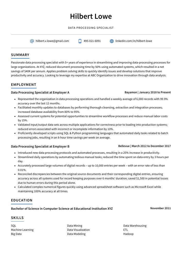 Data Processing Specialist Resume