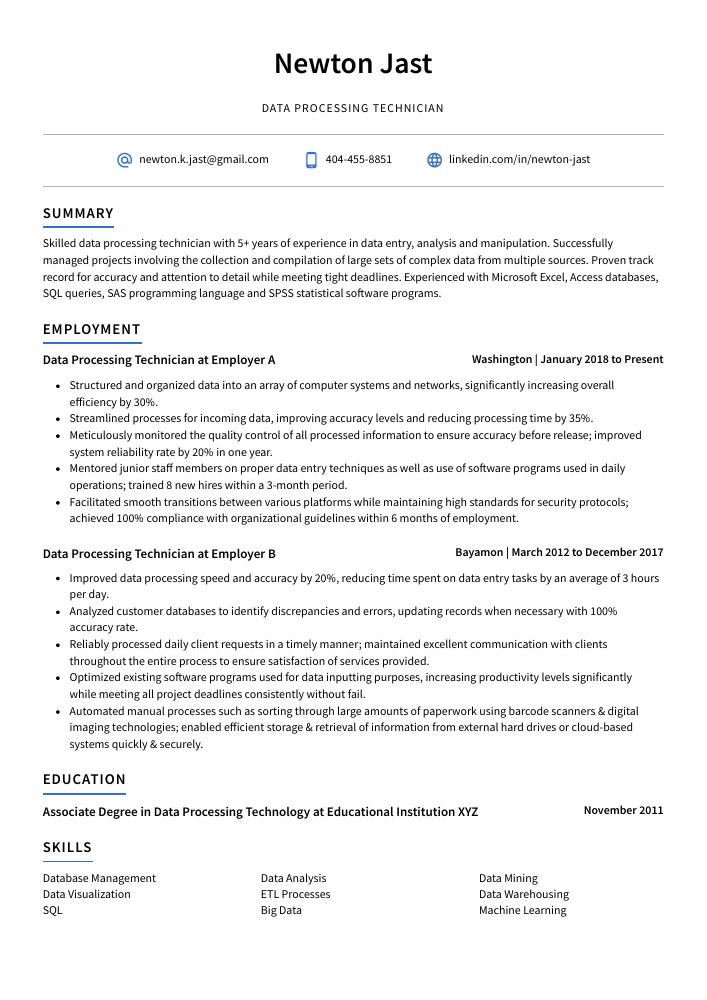 Data Processing Technician Resume