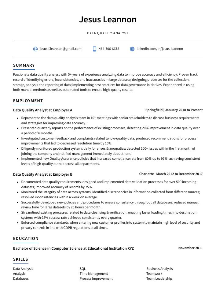 Data Quality Analyst Resume