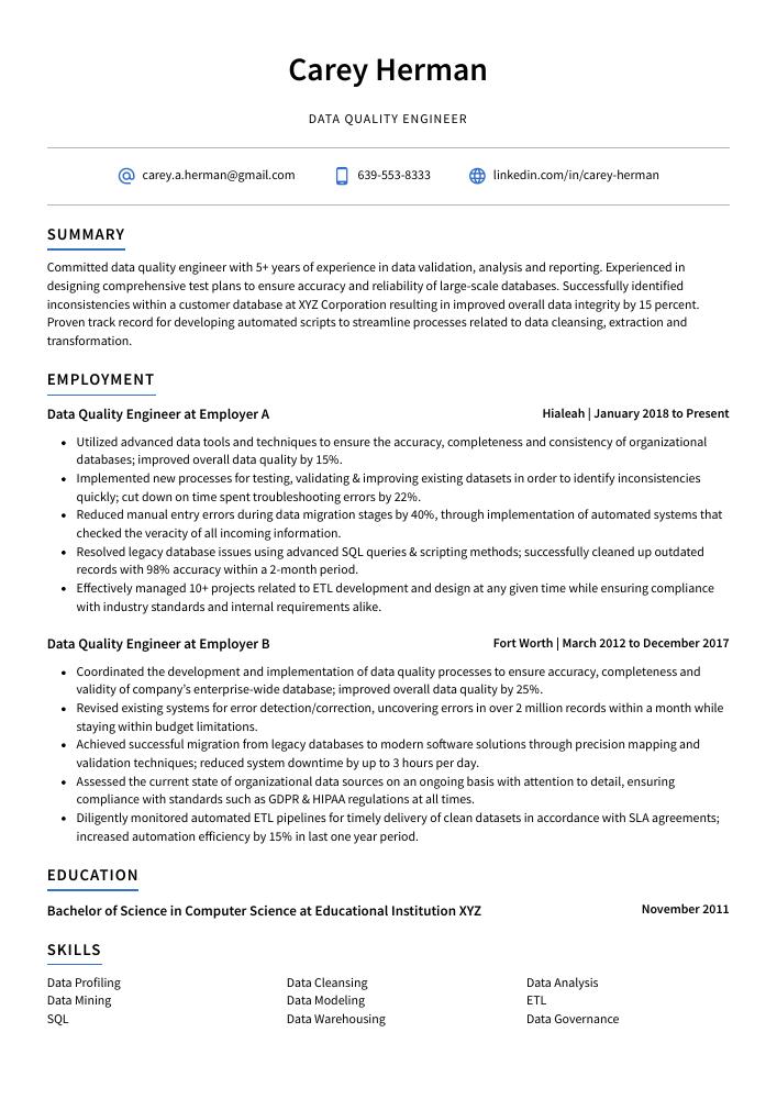 Data Quality Engineer Resume