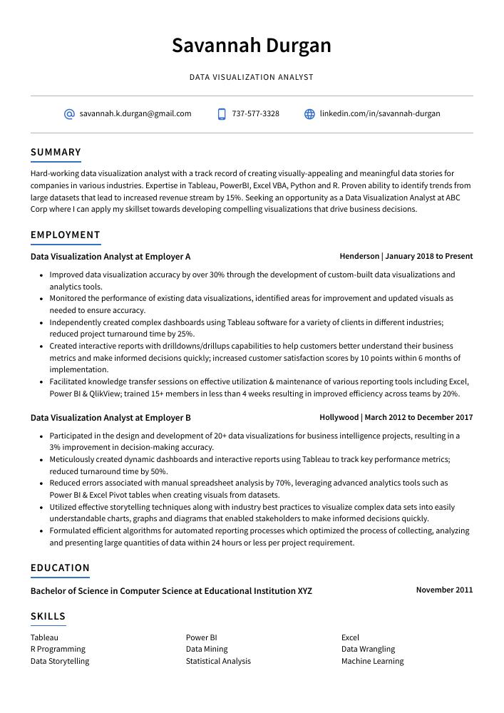 Data Visualization Analyst Resume (CV) Example and Writing Guide