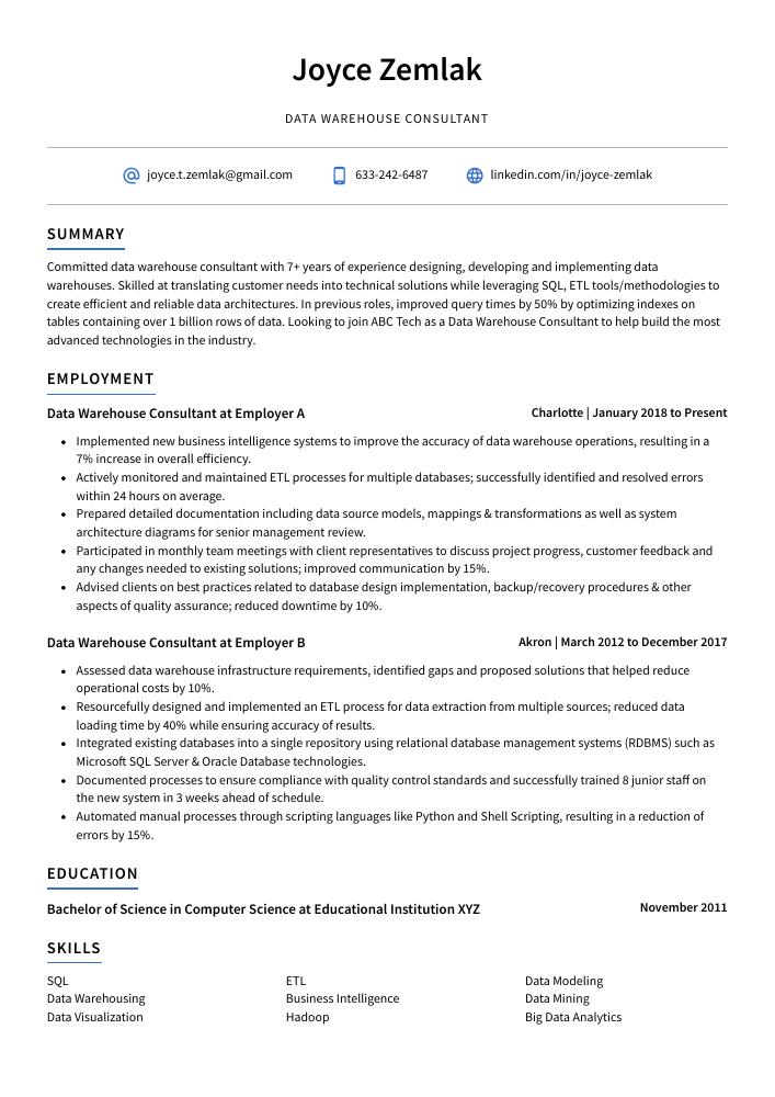 Data Warehouse Consultant Resume