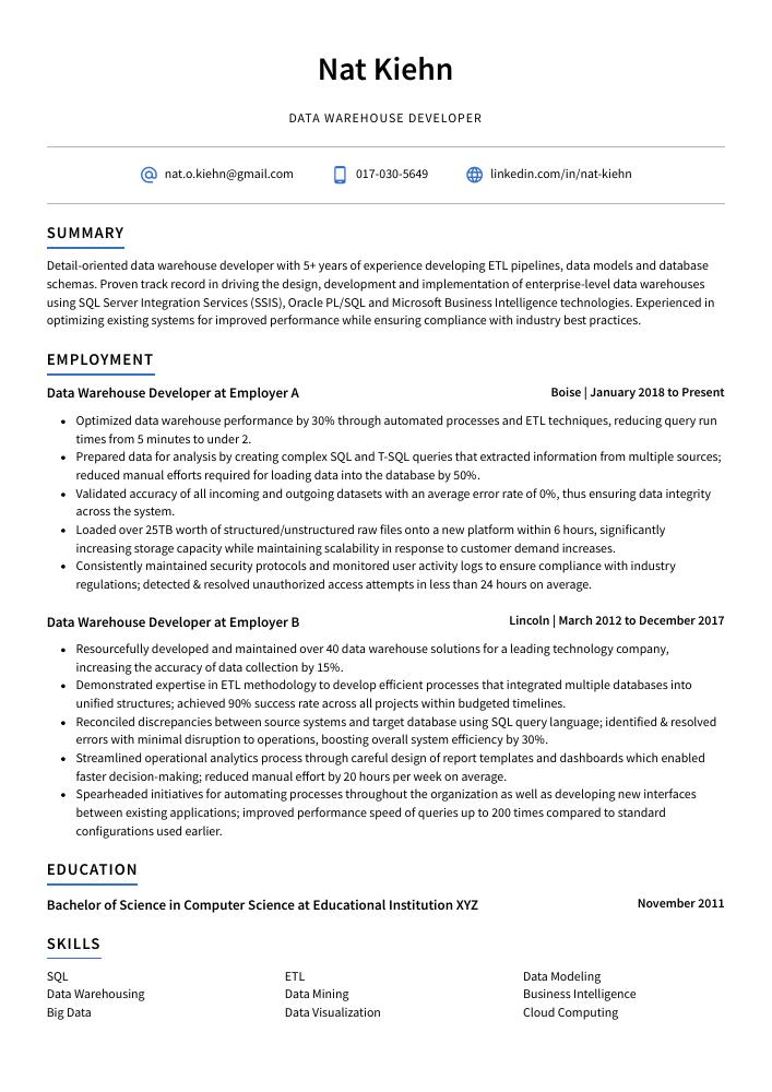 Data Warehouse Developer Resume