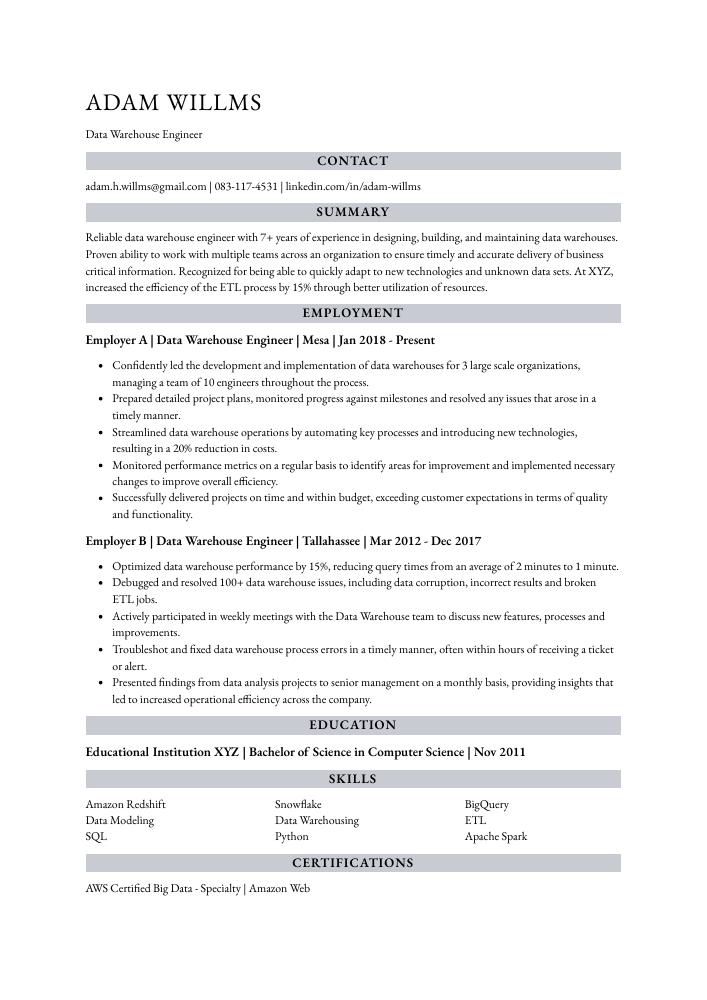 Data Warehouse Engineer Resume