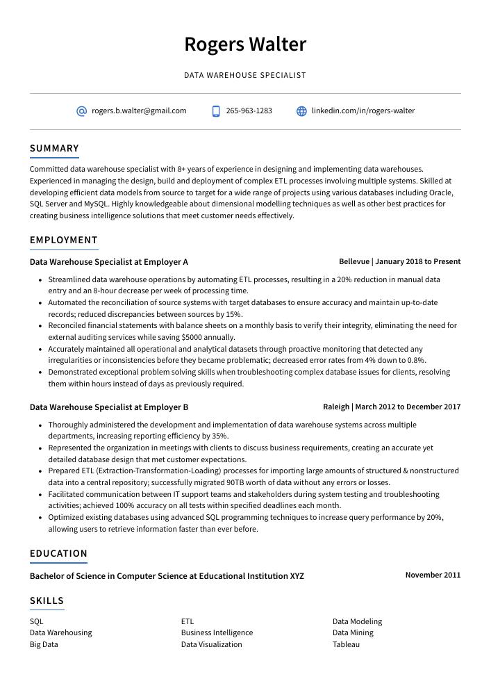 Data Warehouse Specialist Resume