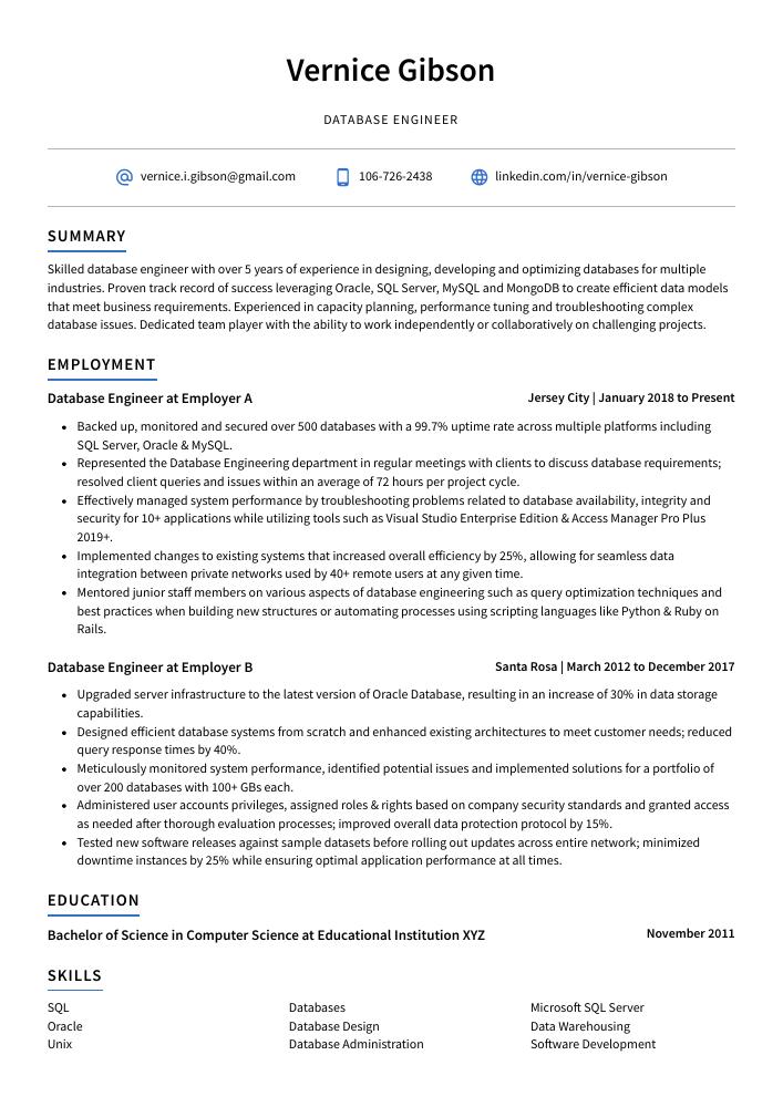 Database Engineer Resume