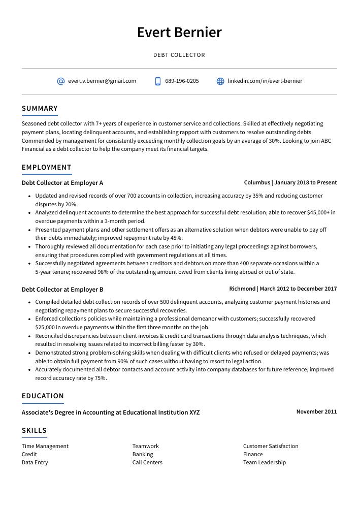 Debt Collector Resume