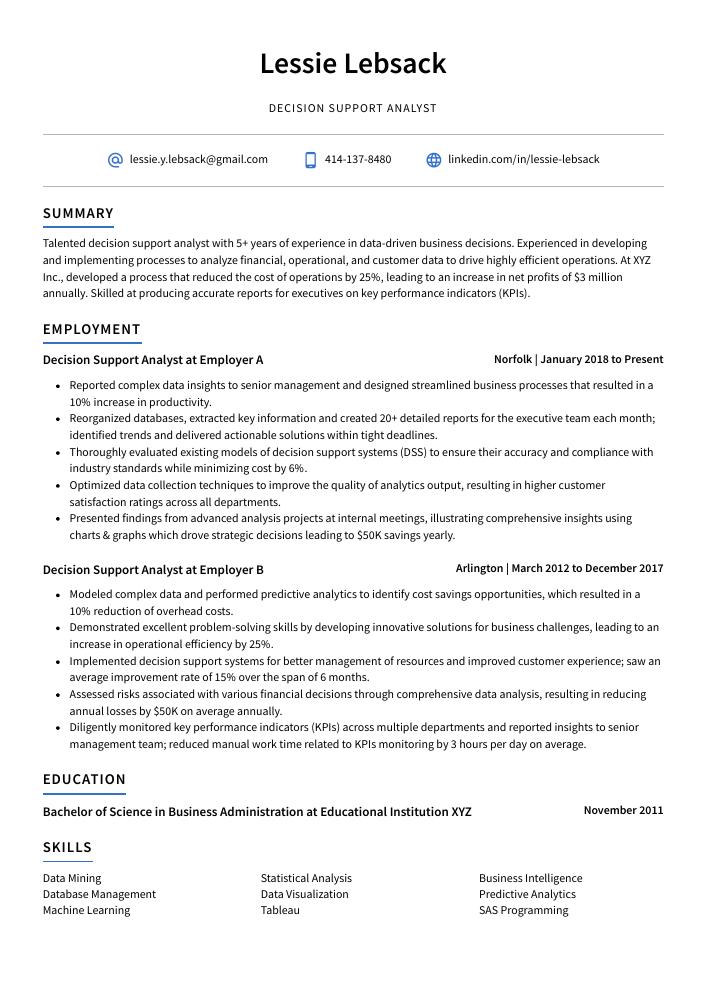 Decision Support Analyst Resume