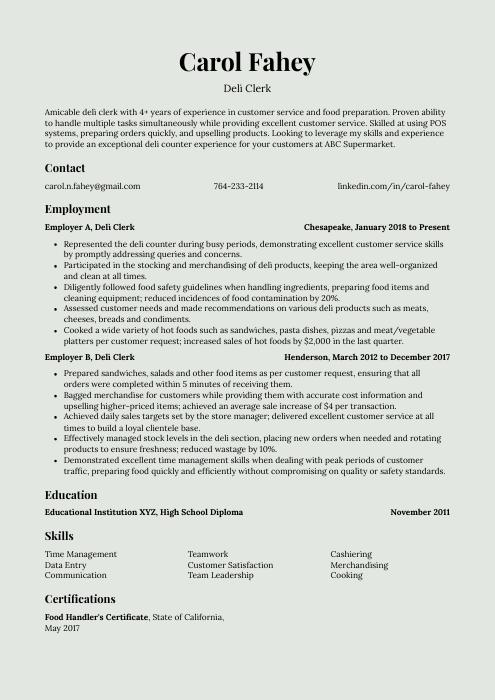 Deli Clerk Resume (CV) Example and Writing Guide