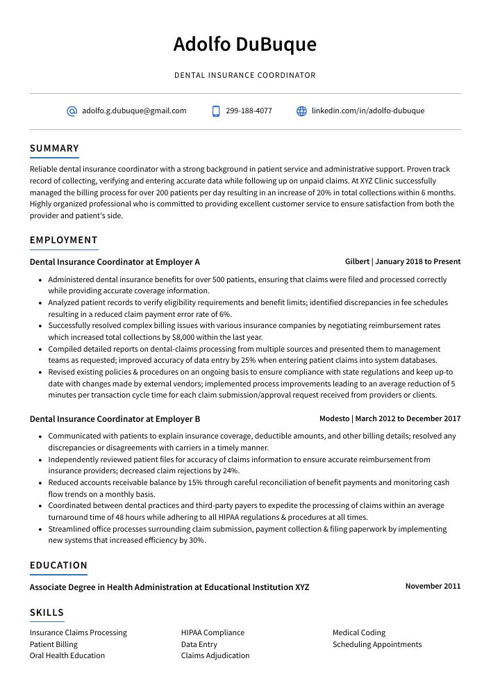 Dental Insurance Coordinator Resume