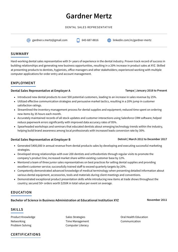 Dental Sales Representative Resume