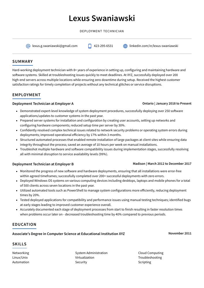 Deployment Technician Resume