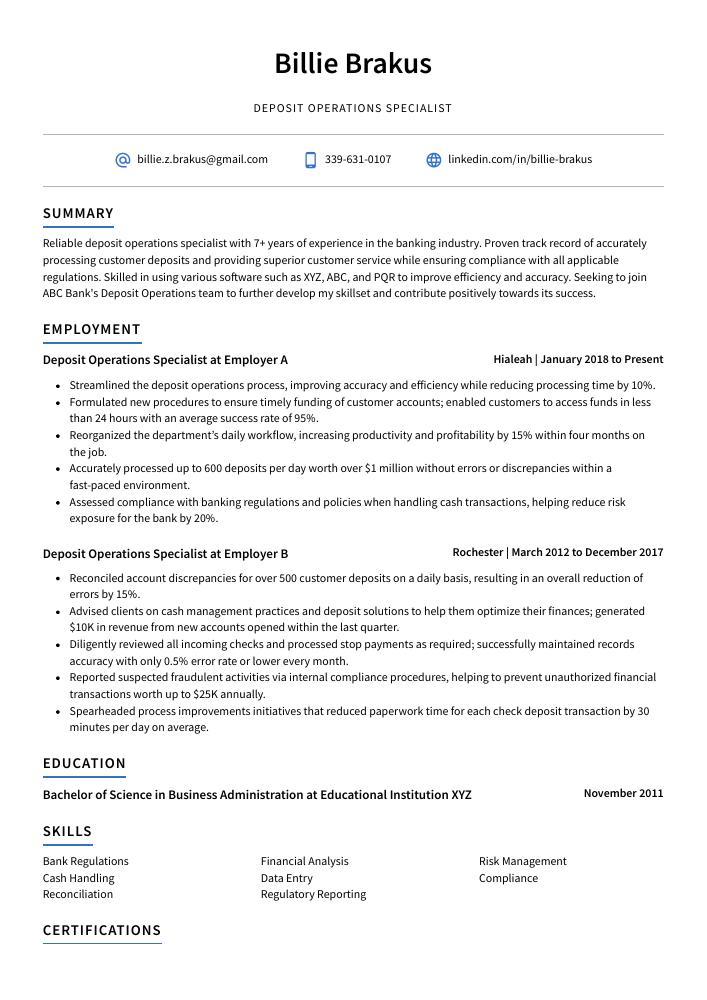 Deposit Operations Specialist Resume