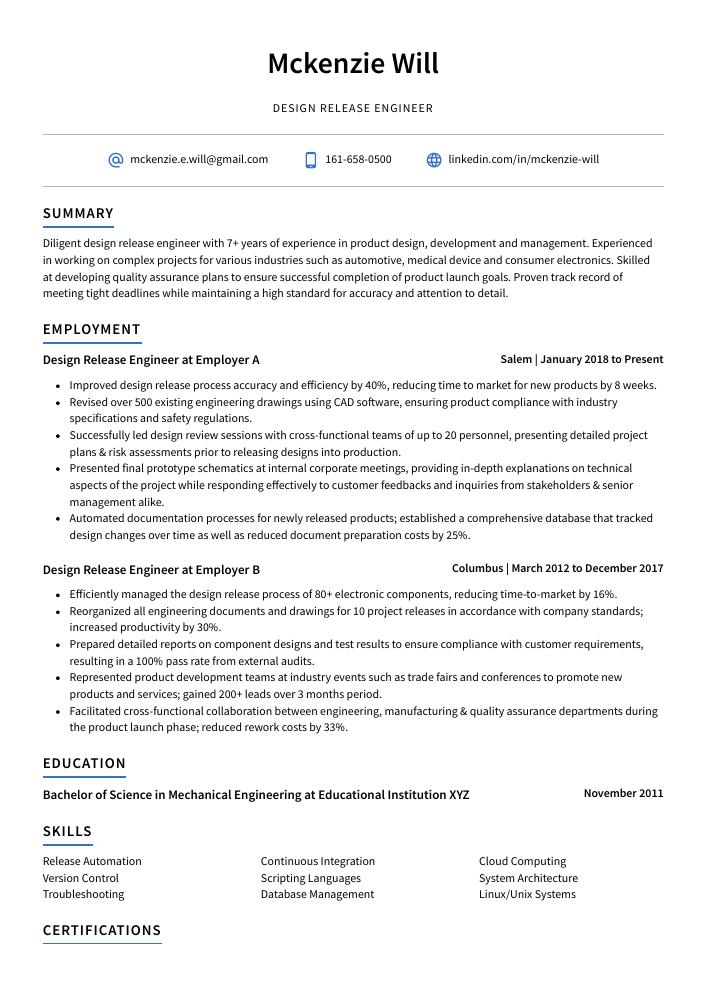 Design Release Engineer Resume