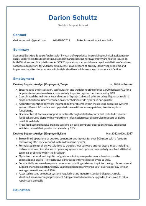 desktop support analyst resume