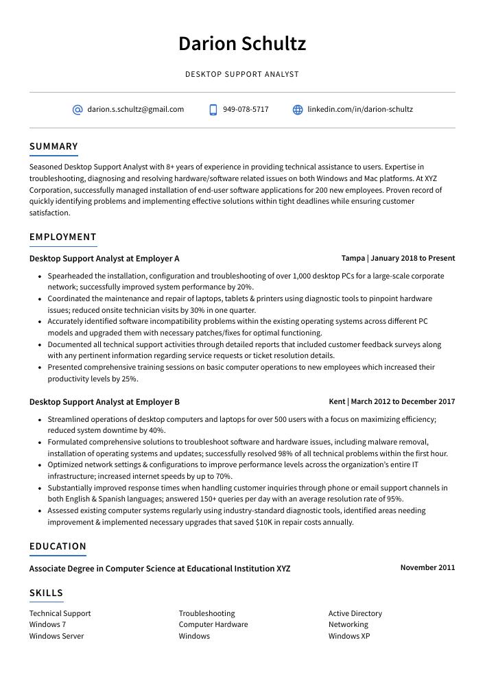 Desktop Support Analyst Resume