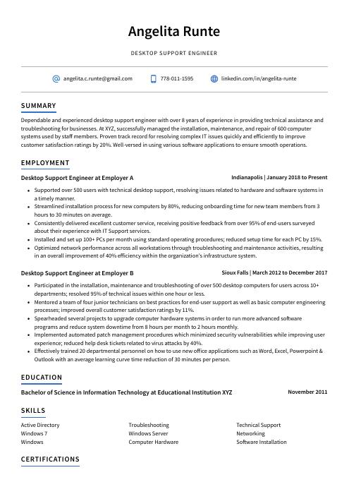 desktop support engineer resume