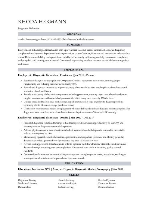 Diagnostic Technician Resume (CV) Example and Writing Guide