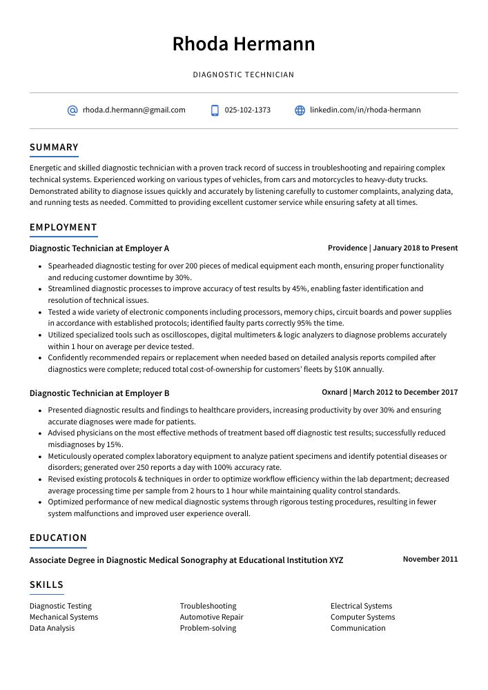 Diagnostic Technician Resume