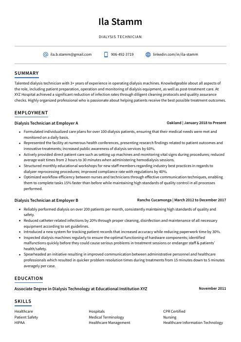 Dialysis Technician Resume (CV) Example and Writing Guide